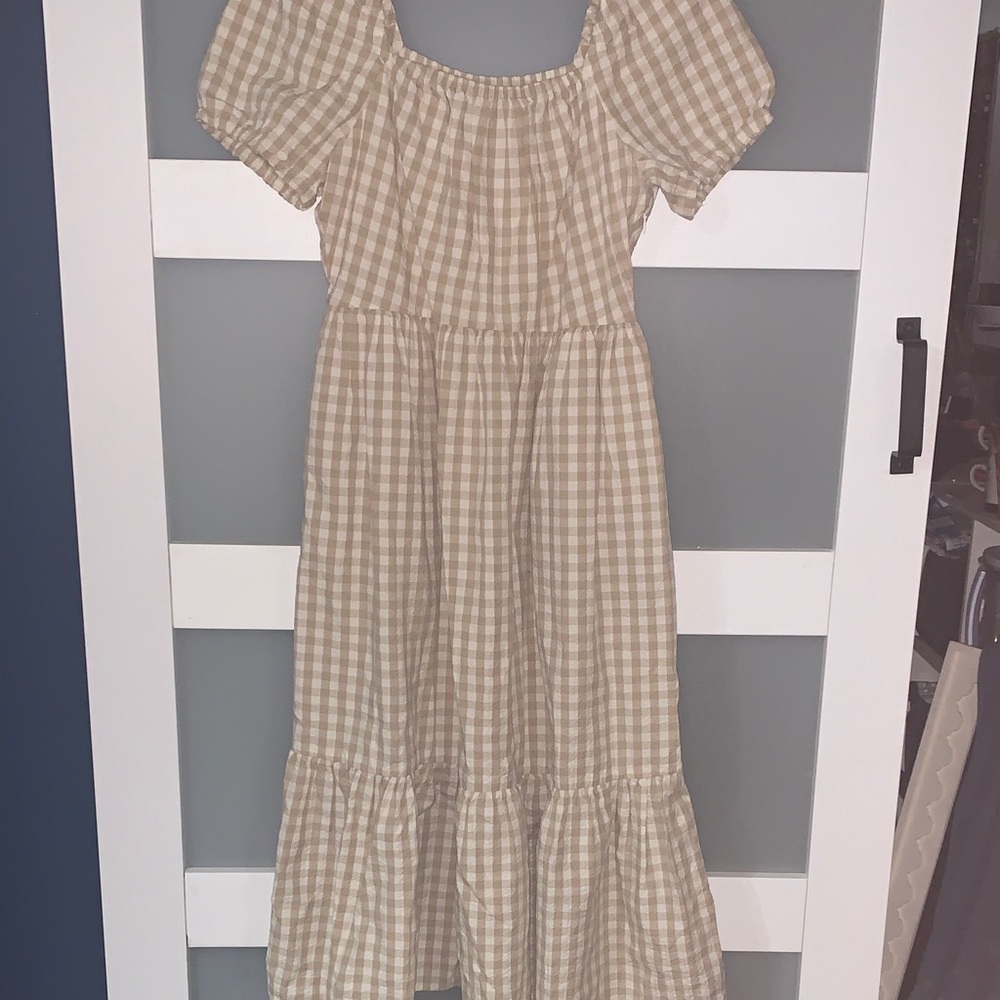 J. Crew Beige and White Gingham Midi Dress